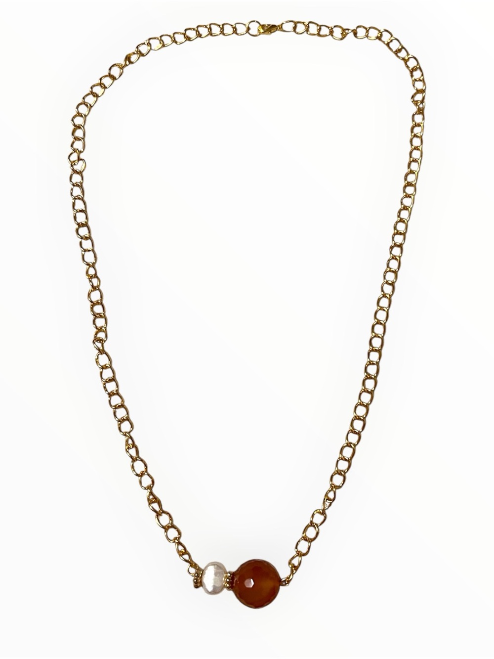 Handcrafted Gold-Tone Necklace, Faceted Carnelian and a Freshwater Pearl.